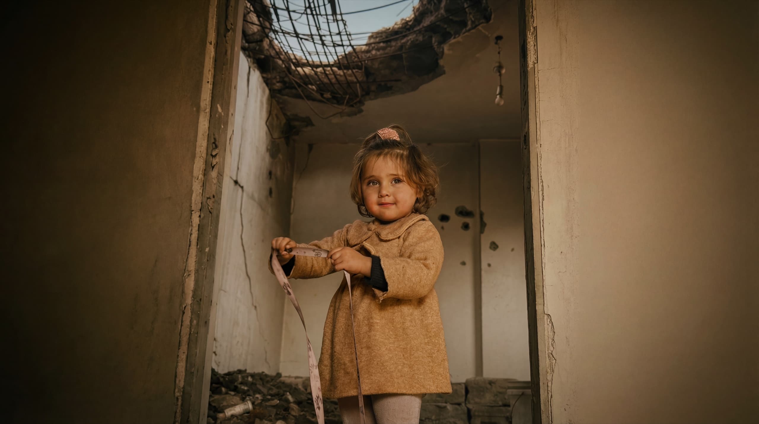Yara smiling in a damaged building in Gaza
